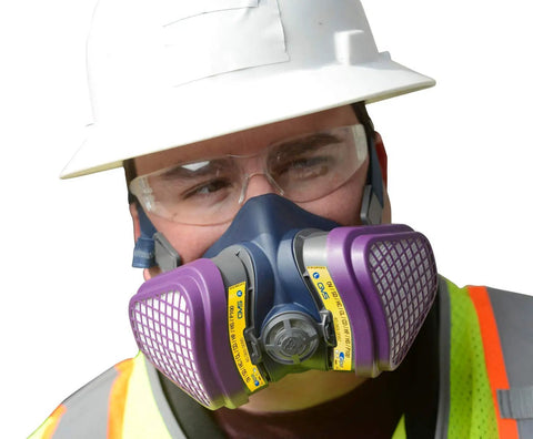 Worker wearing Elipse OV AG P100 Respirator Mask For Acidic And Organic Gases And Vapors Medium Large Size in chemical environment