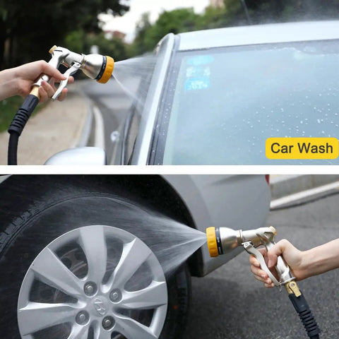 Heavy Duty Metal Hose Nozzle Sprayer With 7 Spray Patterns For High Pressure Watering And Car Wash, Zinc Alloy Construction in use