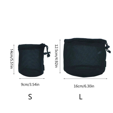 Two sizes of black nylon mesh camping storage bag for pots and utensils, drawstring design, small and large, shown with measurements.