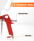 Detailed view of the red spray gun with flow and intake control valves, part of the Heavy Duty Drywall Texture Sprayer Kit Featuring 1.5 Gallon Air Hopper And Badass Spray Gun For Fast Popcorn Knockdown And Orange Peel Ceiling Wall Finishing Done Proper.