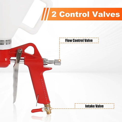 Detailed view of the red spray gun with flow and intake control valves, part of the Heavy Duty Drywall Texture Sprayer Kit Featuring 1.5 Gallon Air Hopper And Badass Spray Gun For Fast Popcorn Knockdown And Orange Peel Ceiling Wall Finishing Done Proper.