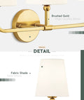 Gold Finish 2 Light Vanity Light Fixtures With Flared White Fabric Shade Modern Wall Sconces close-up detail of brushed gold metal