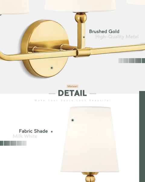 Gold Finish 2 Light Vanity Light Fixtures With Flared White Fabric Shade Modern Wall Sconces close-up detail of brushed gold metal