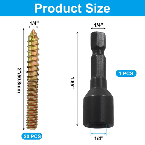 20 Pack Of 1/4-20 X 2 Heavy Duty Hanger Bolts With Snappy Hardened Driver For No Sweat Fastening And Rock Solid Woodworking Builds Made From Tough Rust Proof Carbon Steel, showcasing 1/4 inch bolt size and driver.
