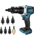 Brushless Electric Rivet Gun Kit With Rechargeable Battery, Automatic Riveting Tool, Rivet Nut Gun For M3 To M12, Includes Set B M4 M5 M6, Heavy Duty Riveter Head For Aluminum, Iron, And Stainless Steel, Pro Grade Build shown with heads