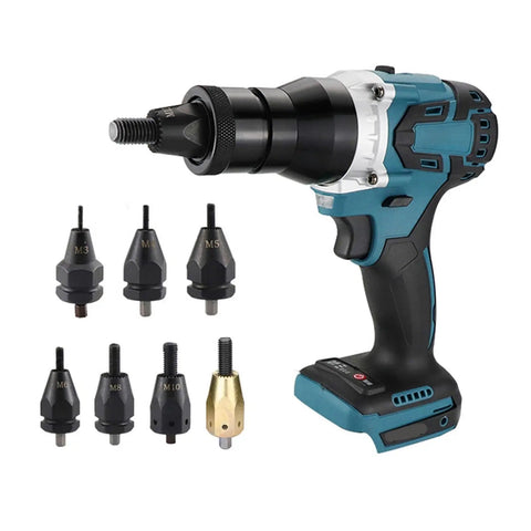 Brushless Electric Rivet Gun Kit With Rechargeable Battery, Automatic Riveting Tool, Rivet Nut Gun For M3 To M12, Includes Set B M4 M5 M6, Heavy Duty Riveter Head For Aluminum, Iron, And Stainless Steel, Pro Grade Build shown with heads