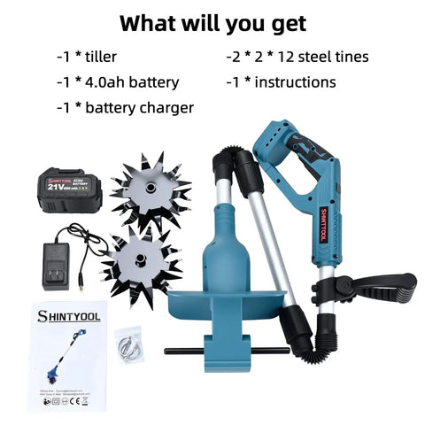 Cordless 21V Tiller With 8 Inch Wide Cultivator, 4.0Ah Battery, charger, and steel tines displayed with instructions and battery.