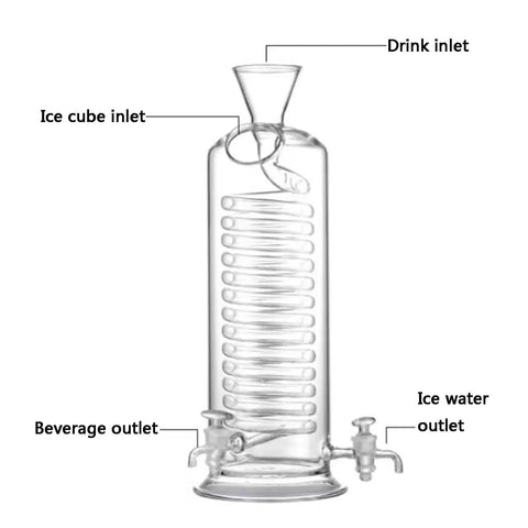 Premium Glass Cold Brew Drip Tower Coffee Maker With Spiral Cooling Tube showing inlets and outlets for smooth iced coffee.