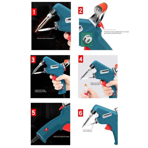 Diagram of 60W Handheld Soldering Iron With Automatic Tin Feeding Soldering Gun showing features like ergonomic grip, tin feed, and power indicator.