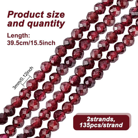 Approximately 270 Pieces 3mm Natural Faceted Garnet Beads For Jewelry Making, round gem beads on two 39.5cm strands.