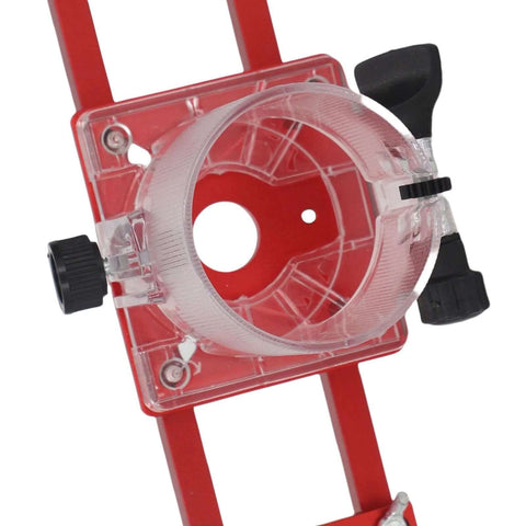 Front view of Zunate wood trimmer router base on red aluminum frame with clear centering ring and knobs