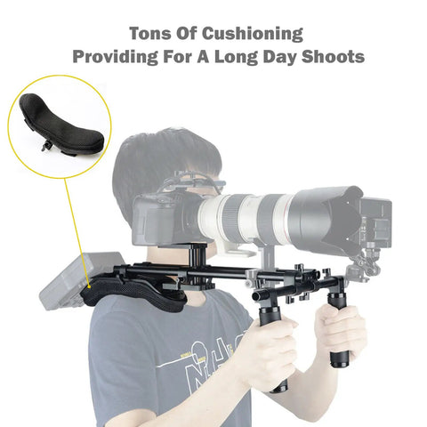 Person using No Hassle 15mm Shoulder Rig With Pad And Riser Base Plate For DSLR And Mirrorless Cameras, 60mm Rod Center