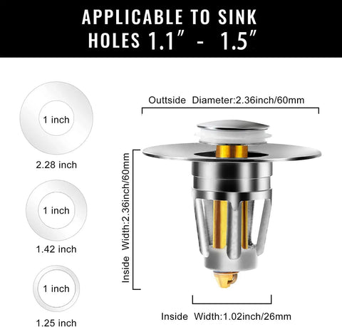 Dimensions of stainless steel bathroom sink stopper with hair catcher and drain strainer for bathtub and sink pop up drain stopper.