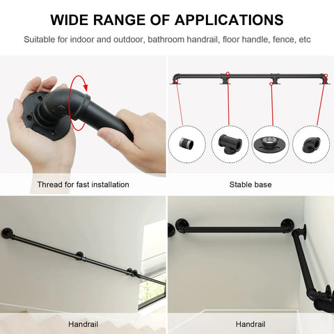 Rock Solid Seven Feet Industrial Stair Handrail Featuring Non Slip Black Iron Pipe Construction For Wall Mounted Garage Steps Vintage Loft Porch And Real Deal Home Safety Upgrade installation process with hands gripping the black iron pipe.