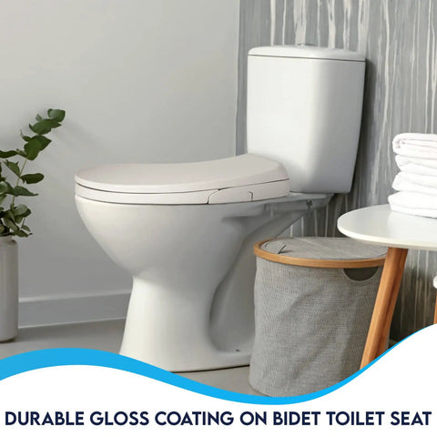 Dual Nozzle Manual Bidet Toilet Seat For Elongated Toilets with soft close lid, in modern bathroom setup, no electricity needed