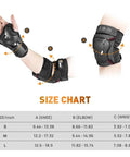 Adult And Youth Knee Pads Elbow Pads With Wrist Guards Protective Gear Set size chart with PP and PE shells and adjustable straps.