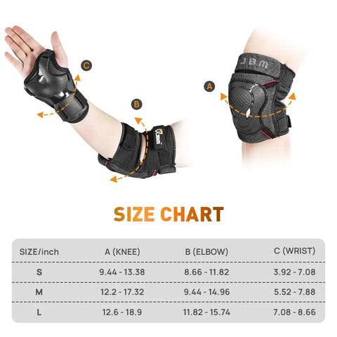 Adult And Youth Knee Pads Elbow Pads With Wrist Guards Protective Gear Set size chart with PP and PE shells and adjustable straps.