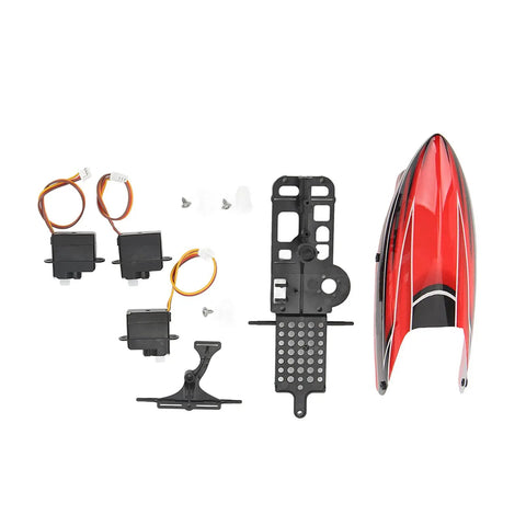 Heavy Duty Lightweight Servo Motor Upgrade For XK K110 RC Helicopter Slick Plastic Refit Parts including servos and red body panel.