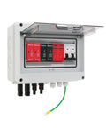 Two String PV Combiner Box For Solar Systems, 600V DC, IP65 Waterproof, On Grid Or Off Grid Ready, 2 Input 1 Output, 15A Fuse, 63A Circuit Breaker, Lightning Arrester Connector, MCB And SPD Included, side view.