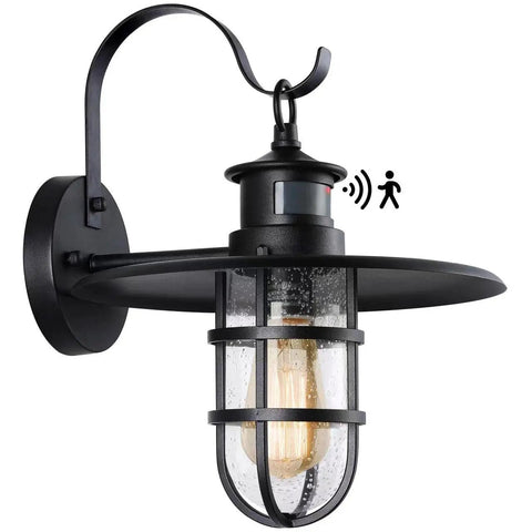 Single matte black wall sconce from 2 Pack 10 Inch Motion Sensor Outdoor Porch Lights Dusk to Dawn Exterior Wall Sconces Waterproof Matte Black Farmhouse Barn Lighting Fixtures for Patio Garden and Yard Easy Wall Mount.