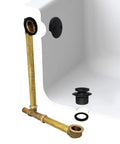 No Fuss Above Floor Bathtub Overflow Drain Kit With Tip Toe Drain Valve And Two Hole Cover Matte Black, brass plumbing components in a bathtub.