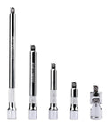 Five Piece Quarter Inch Drive Extension Bar Set With Four Extensions 2 Inch 3 Inch 4 Inch 6 Inch Plus Universal Joint Socket Crafted From Chrome Vanadium Steel For Heavy Duty Durable Rust Resistant Performance displayed upright