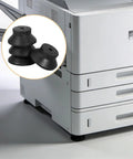 Ultimate 3D Printer Vibration Dampening Feet Pads In Black With Secure M6 Screws displayed next to a printer.