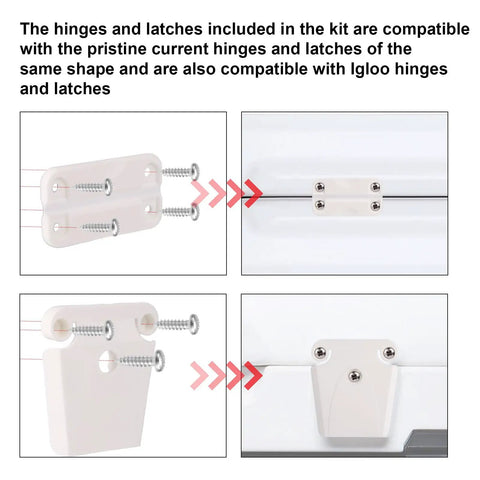 26 Piece Cooler Hinge And Latch Kit Replacement Pack For Ice Chest And Freezer Includes Hinges Latches Screws Drain Plugs Rubber Plugs And All The Essential Accessories For Quick Easy No Brainer Repair And Refit with installation diagrams and screws.