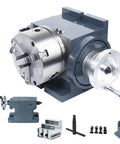 Built Like A Tank CNC Indexing Head Assembly With Vertical And Horizontal Plates And 6 Inch 3 Jaw Chuck And Adjustable Tailstock For Tight Tolerance Milling Workshop, featuring a heavy-duty cast iron body.