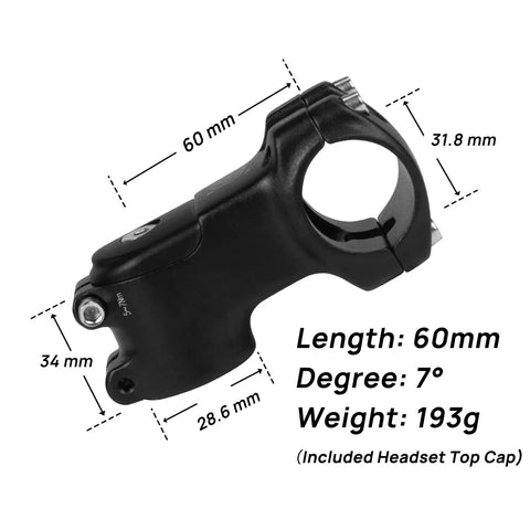 7 Degree Aluminum Bike Stem For 31.8mm Bar Clamp, 1-1/8 Inch Steerer, 60mm Length, CNC Machined 6061-T6 with dimensions
