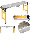 Heavy Duty Folding Workbench With Smooth Rollin Caster Wheels Built Tough For Welding And Garage Projects Solid Alloy Steel Frame, features a painted steel top and strong caster wheels.
