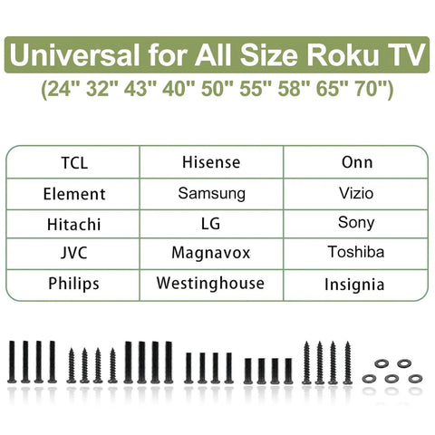 Universal hardware kit for all size Roku TV, including screws for TCL, Samsung, LG, and more for easy installation.