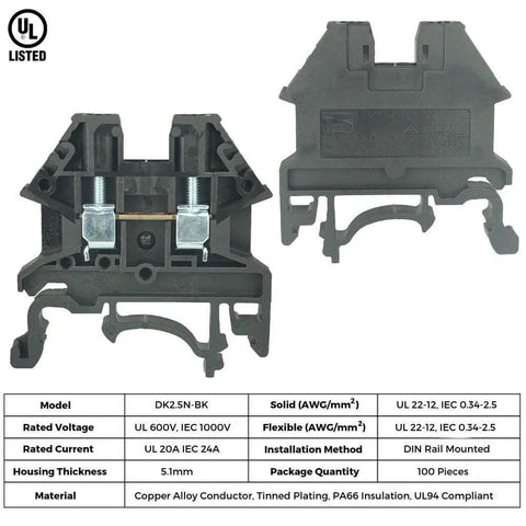 Plug And Play DIN Rail Terminal Block Kit With Aluminum Rail, 20 Pole Connectors, side view of terminal blocks, UL listed