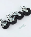 Heavy Duty 3 Inch Stem Caster Wheels For Wire Shelving, Industrial Rack Rollers With 1/4 20 Thread And Multi Adapters, Smooth Operator Replacement Set Of 4, Drop Dead Durable Black on white background.