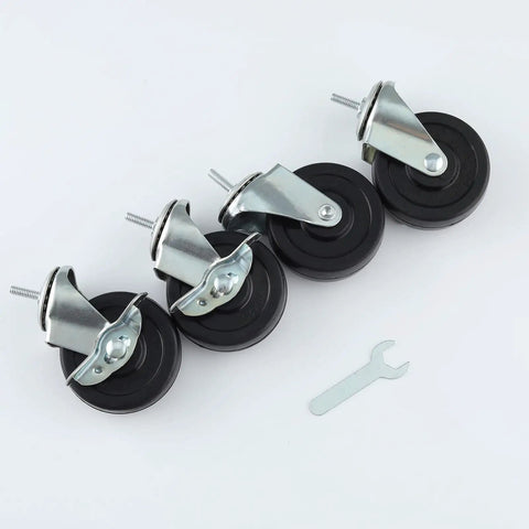 Heavy Duty 3 Inch Stem Caster Wheels For Wire Shelving, Industrial Rack Rollers With 1/4 20 Thread And Multi Adapters, Smooth Operator Replacement Set Of 4, Drop Dead Durable Black on white background.