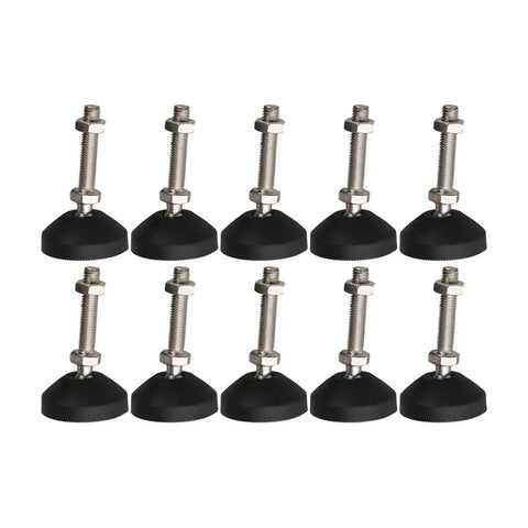 Hella Sturdy Adjustable Leveling Feet With Universal Joint Nylon Base Bumpers For Wobbly Tables Heavy Duty Shims And Furniture Glides Set Of Ten shown from top angle.