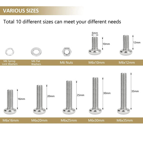 Various sizes of Stainless Steel M6 Pan Head Machine Screw Kit With Nuts And Washers, 102-Piece Assortment In 10-35mm Phillips Screws.