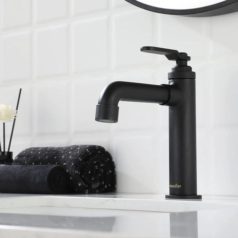 Single Handle Brass Bathroom Sink Faucet One Hole Deck Mount Vanity Basin Mixer Tap Includes Metal Pop Up Drain And Supply Lines RV Ready Commercial Lavatory Matte Black Finish