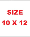 Front view of white sign panel with red SIZE and 10 x 12 text; corner mounting holes.