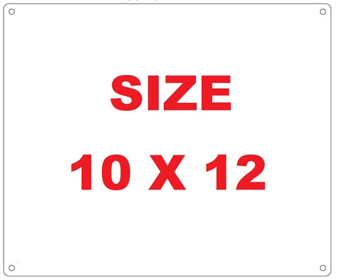 Front view of white sign panel with red SIZE and 10 x 12 text; corner mounting holes.
