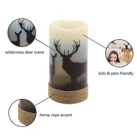 Flameless Flickering LED Pillar Candle with wilderness deer design, hemp rope, showing kids & pets friendly feature.