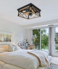 Farmhouse Flush Mount Cage Light With Adjustable Pull Chain, Square Wood Rustic Ceiling Fixture In Black Metal Industrial Style For Living Room And Bedroom installed in a bright bedroom