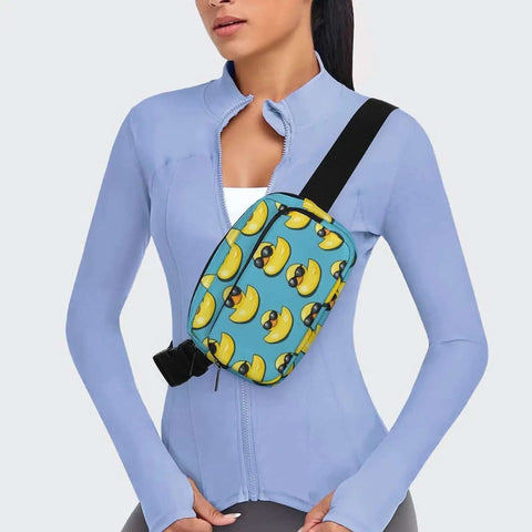 Crossbody Fanny Pack For Men And Women Adjustable Strap Belt Bag 300D Twill Construction Hands Free All Day Everyday Wear Cool Duck Sunglasses Print Small Waist Pack For Running Travel Workout