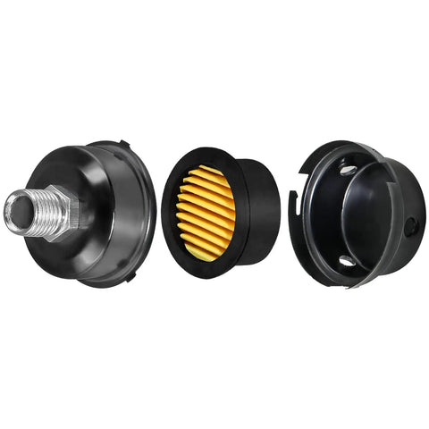 Two Pack Three Eighths Inch Air Compressor Muffler Silencer With 16mm Inlet Filter showing disassembled parts and iron shell