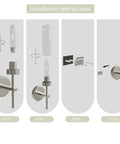 Installation instructions for Seasonize Sand Nickle Battery Operated Wall Sconce Set of 2, showing assembly steps and parts.