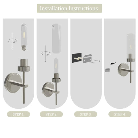 Installation instructions for Seasonize Sand Nickle Battery Operated Wall Sconce Set of 2, showing assembly steps and parts.