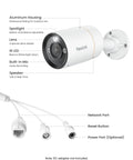 Hardcore 12MP Outdoor PoE Bullet Camera For Legit Home Security Featuring Ultra Sharp Full Color Night Vision Plus Integrated Light Bar detailed view showing aluminum housing and ports.