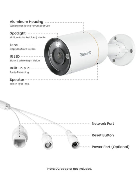 Hardcore 12MP Outdoor PoE Bullet Camera For Legit Home Security Featuring Ultra Sharp Full Color Night Vision Plus Integrated Light Bar detailed view showing aluminum housing and ports.