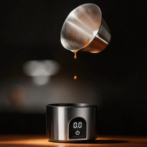 Dosing Cup And Scale Combo With Stand 0.1g Precision Digital Coffee Scale For Bean Weighing, silver cup above black scale