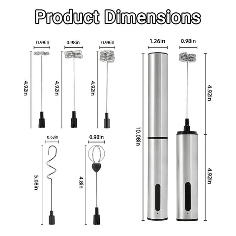 Rechargeable Milk Frother Wand With Three Independent Speeds And Five Attachments For Coffee Lattes Matcha And More Handheld Electric Whisk In Stainless Steel Perfect Gift For Kitchen Essentials And At Home Barista Vibes showing product dimensions and attachments.